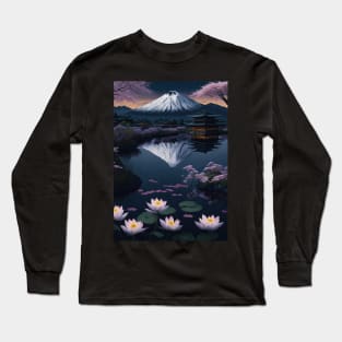 Serene Mount Fuji Sunset - Peaceful River Scenery - Lotus Flowers Long Sleeve T-Shirt